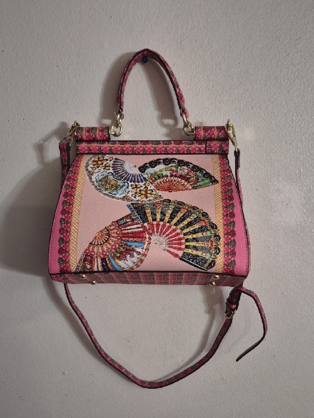 Pink Fan-Embellished Top-Handle Satchel - Picture 2 of 9